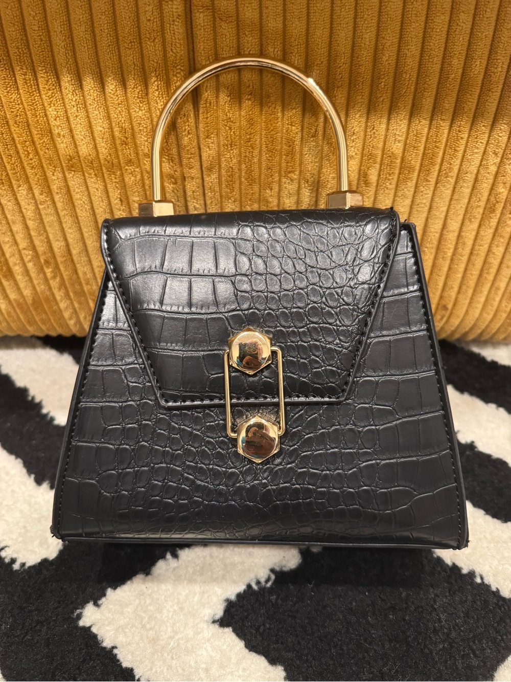 Badgley Mischka Black Croc-Embossed Mini Top Handle Bag with Gold Hardware